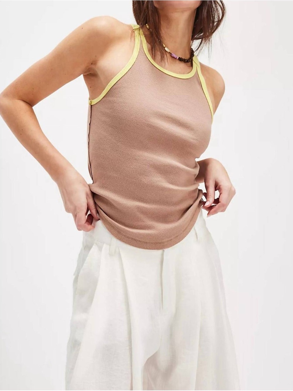 We The Free Ribbed Halter Tank Top in Taupe with Lime Trim